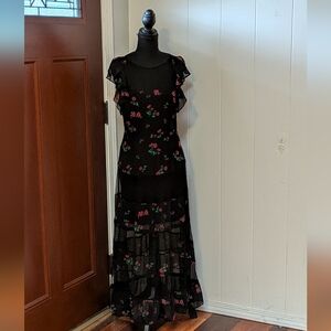 Express Size 6 Floral/Black Mesh Tiered Maxi Dress NWOT